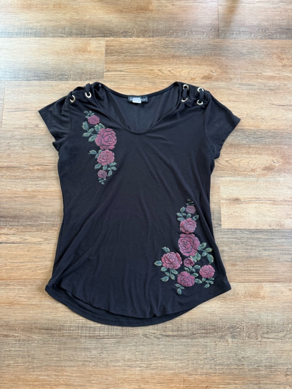 Black Floral Scoop Neck Women’s Top with Grommet Shoulders Size L Grunge Biker - Picture 3 of 7